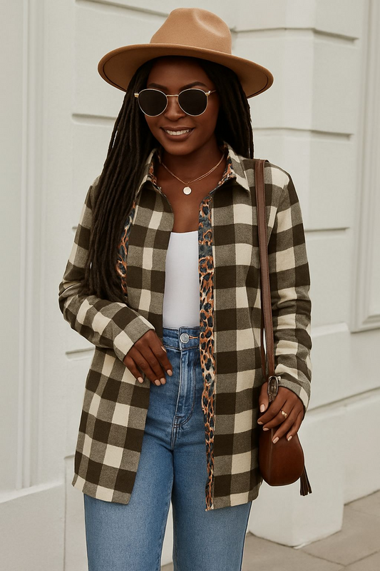 Leopard Trim Plaid Collared Neck Long Sleeve Shirt